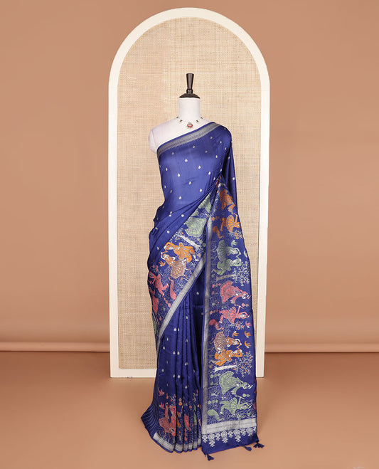 Blue buttas, and dancing figurines, meenakari design Matka silk saree, traditional design border