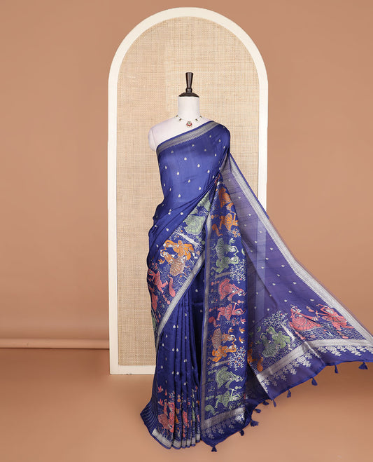 Blue buttas, and dancing figurines, meenakari design Matka silk saree, traditional design border