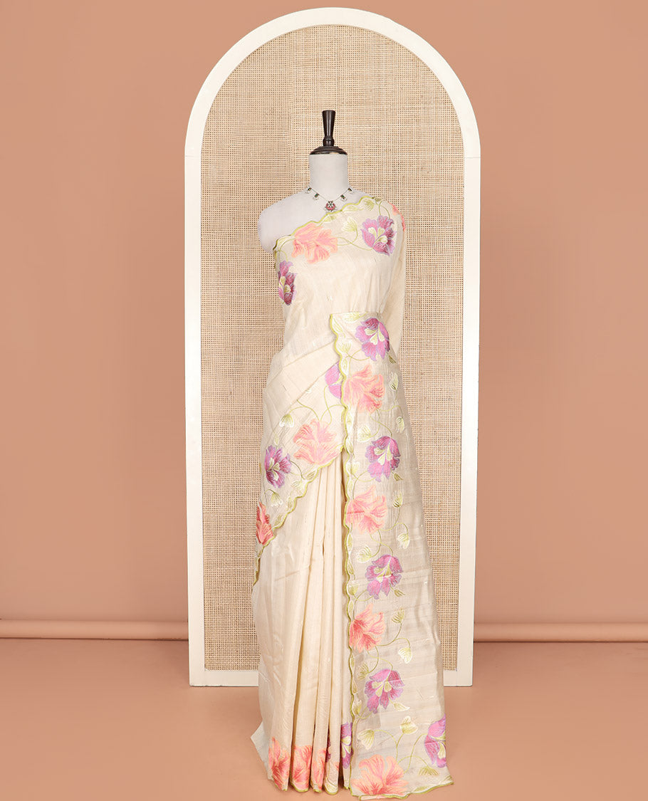 Off-White Semi-Tussar Saree, Accentuated with Floral Motifs Print, Scallop Border Features Floral Prints, Self-Pallu, and Paired with a Matching Blouse