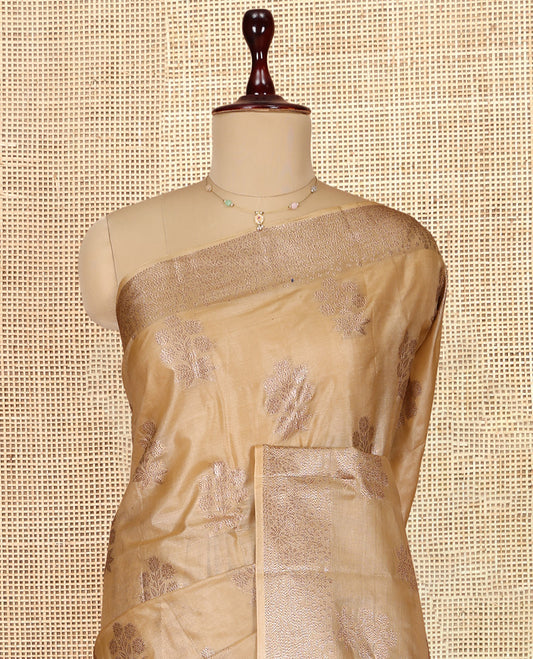Sandal Tusser Silk Saree, Sparsely Threaded with Zari Buttas, a Zari Border, Grand Pallu, and a Matching Blouse