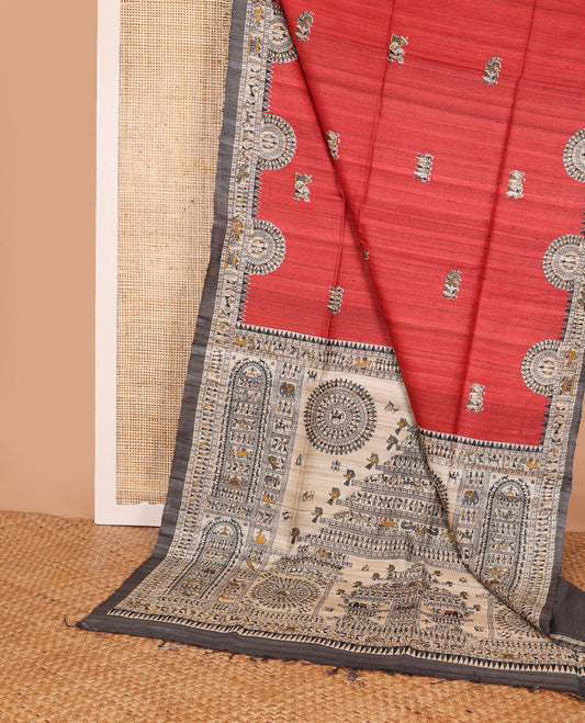 Red madhubani-style human motifs printed tussar saree, contrast border & pallu elevated with madhubani-themed motifs