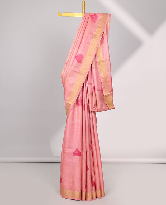 Red all over heart motifs tussar saree with self-intricate zari border
