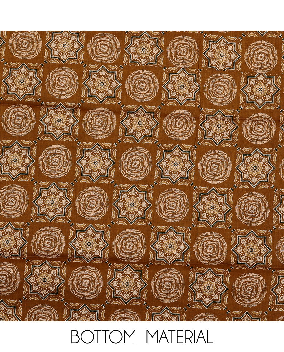 Cream-maroon material chudidar set, Ajrakh printed patch neck work top, contrast Ajrakh printed bottom, and thread embroidered dupatta