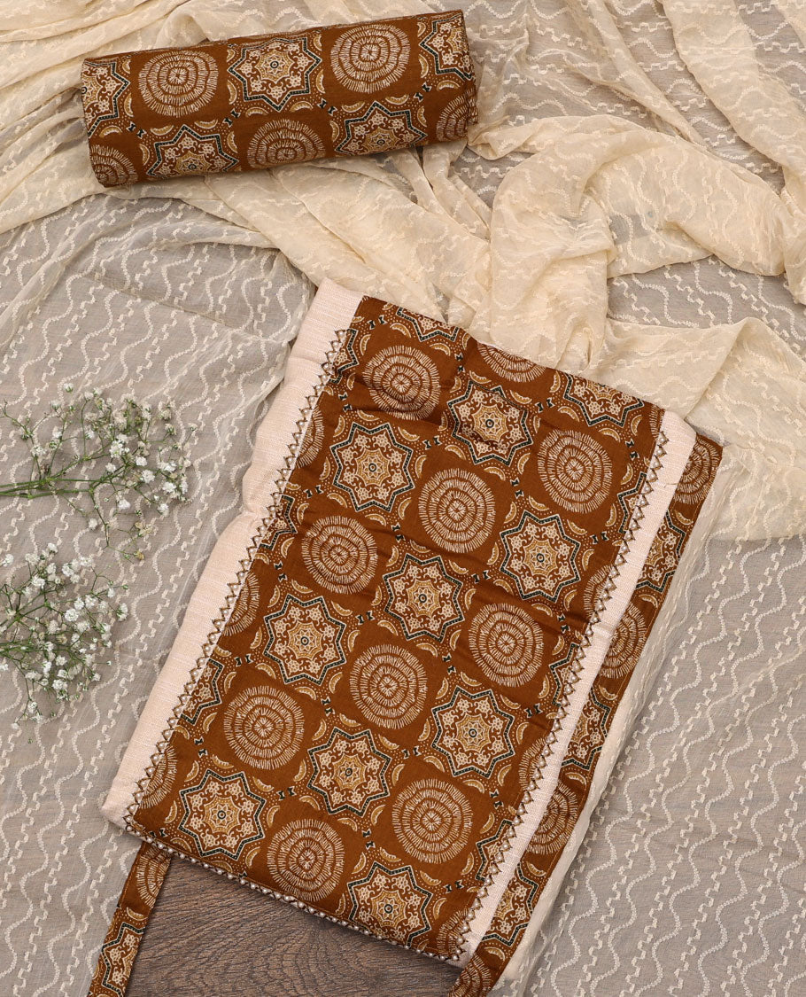 Cream-maroon material chudidar set, Ajrakh printed patch neck work top, contrast Ajrakh printed bottom, and thread embroidered dupatta