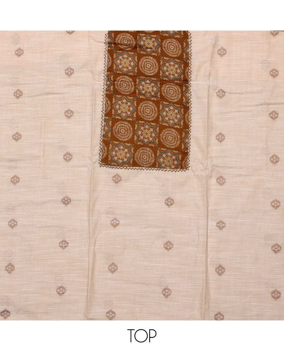 Cream-maroon material chudidar set, Ajrakh printed patch neck work top, contrast Ajrakh printed bottom, and thread embroidered dupatta