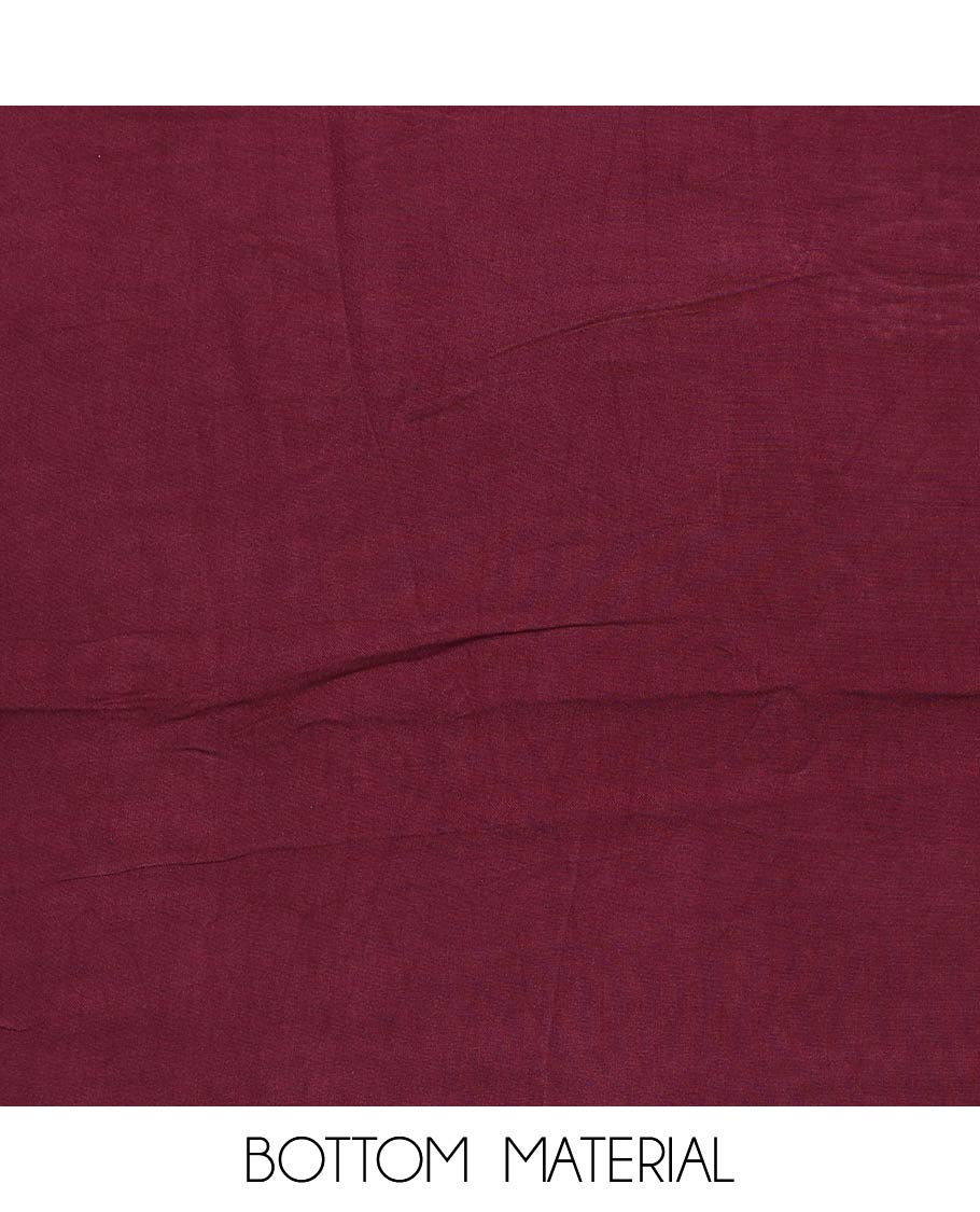 Maroon material chudidar set, shibori print, floral vine print and neck embroidered top‌, plain bottom and scallop sequins embroidered dupatta