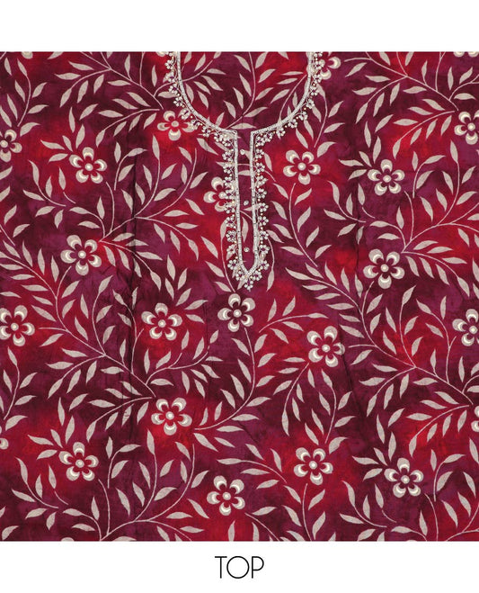 Maroon material chudidar set, shibori print, floral vine print and neck embroidered top‌, plain bottom and scallop sequins embroidered dupatta