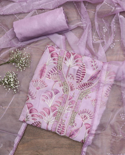 Pink material chudidar set, tropical printed with neck embroidered top, plain bottom, and thread embroidered dupatta