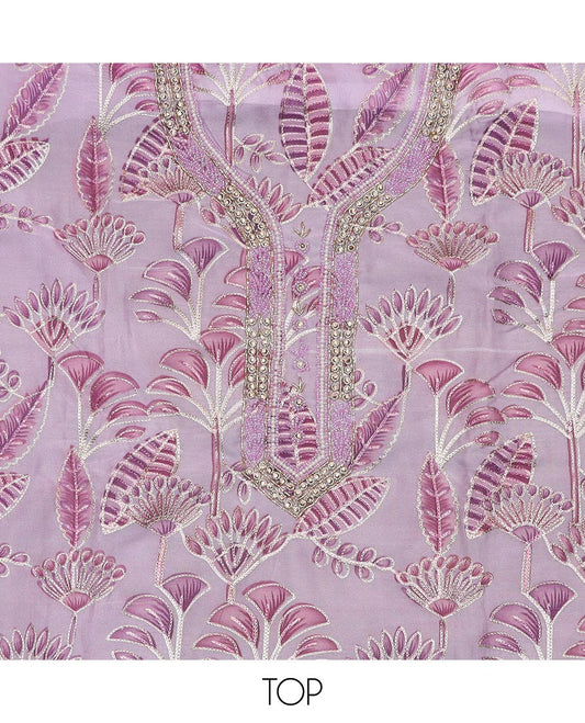 Pink material chudidar set, tropical printed with neck embroidered top, plain bottom, and thread embroidered dupatta