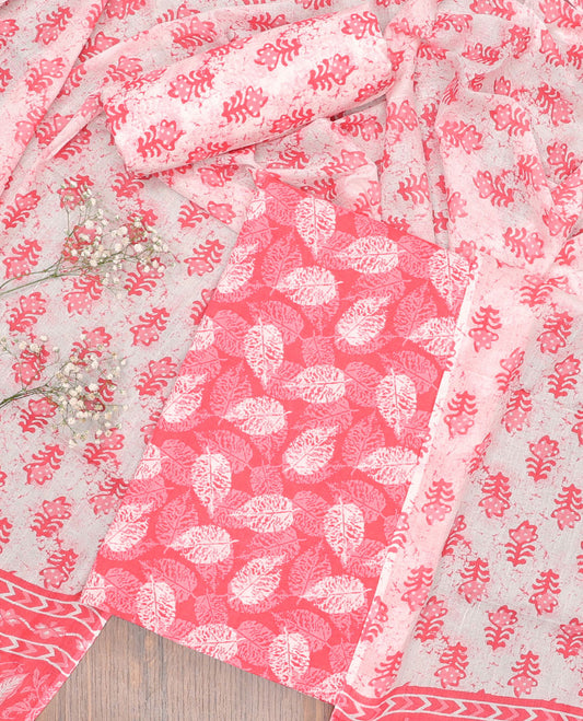 pink chudidhar material set leaf motifs design top with batik print bottom & batik print , floral pritnt dupatta