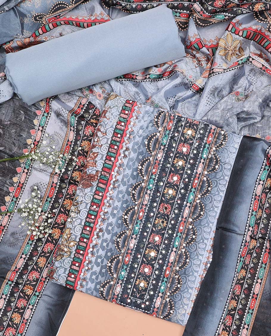 Grey chudidhar material set floral embroidery with mirror work , plain bottom & dupatta with floral print , embroidery