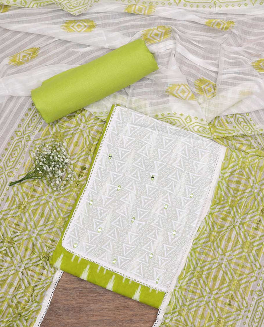 Green chudidhar material set ikkat style design with geometric thread embroidey top , plain bottom & intricate printed design dupatta
