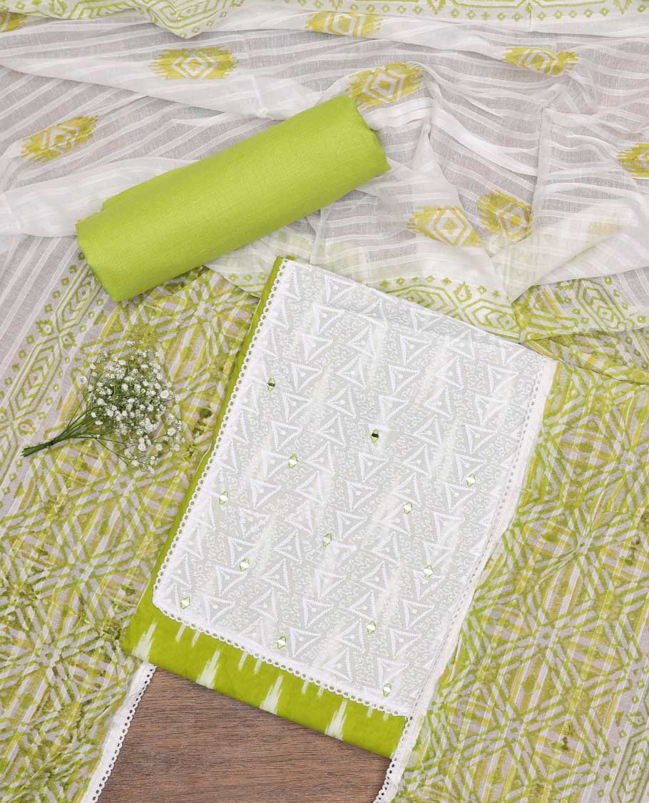 Green chudidhar material set ikkat style design with geometric thread embroidey top , plain bottom & intricate printed design dupatta