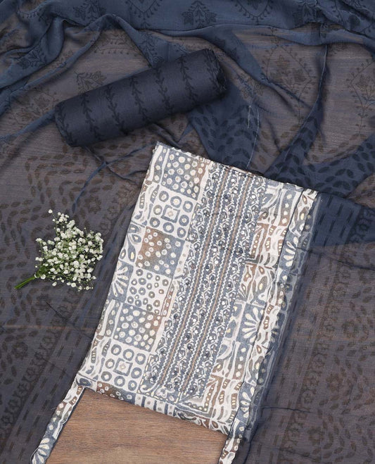 Cream chudidhar material set abstract printed top with thread embroidery bottom & floral design dupatta