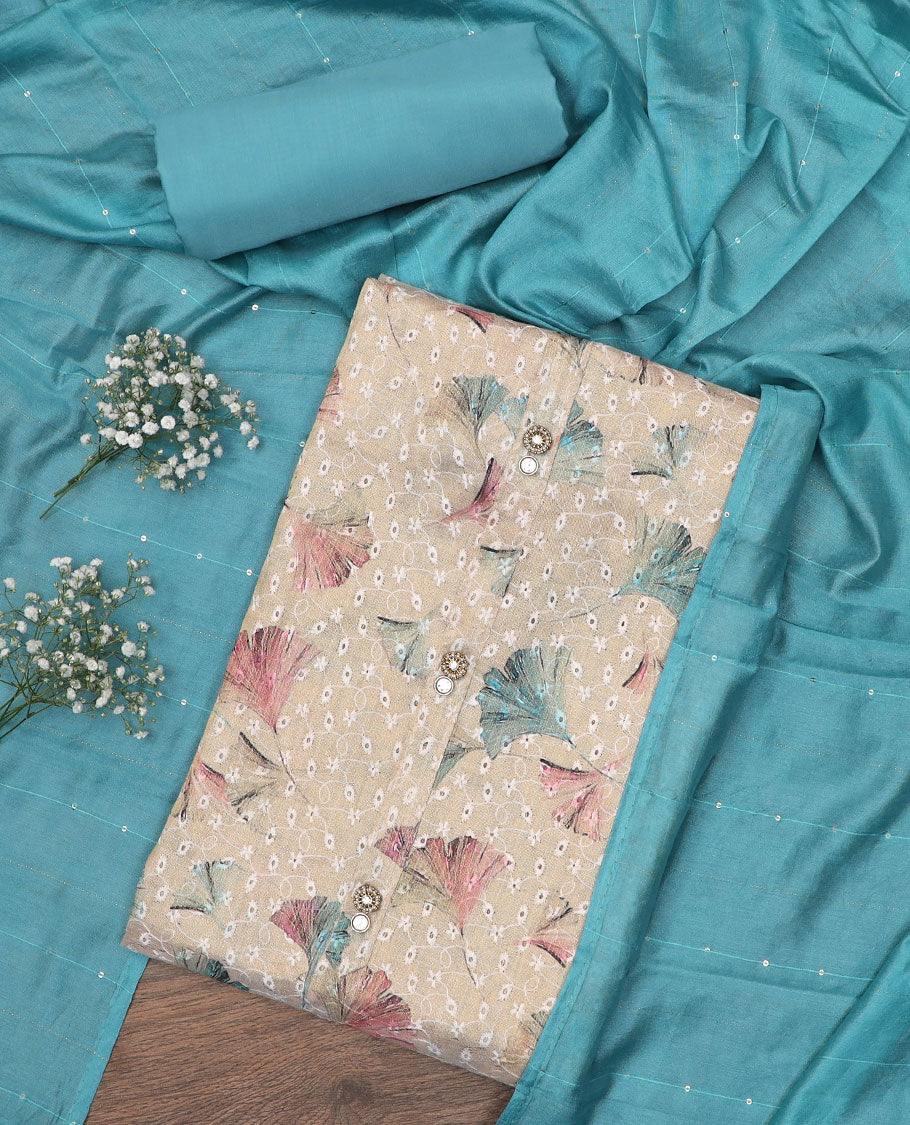 Sandal material chudidar set, floral print with embroidered top, contrast plain bottom and sequins striped dupatta