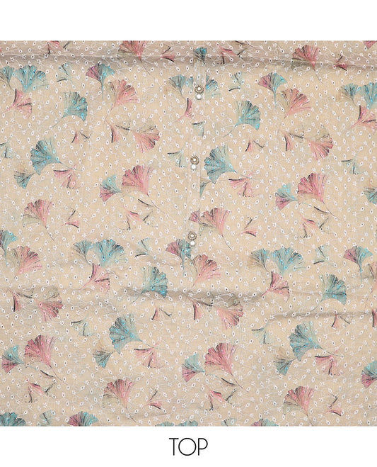 Sandal material chudidar set, floral print with embroidered top, contrast plain bottom and sequins striped dupatta