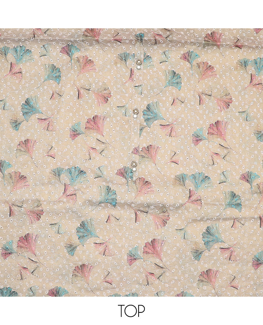 Sandal material chudidar set, floral print with embroidered top, contrast plain bottom and sequins striped dupatta