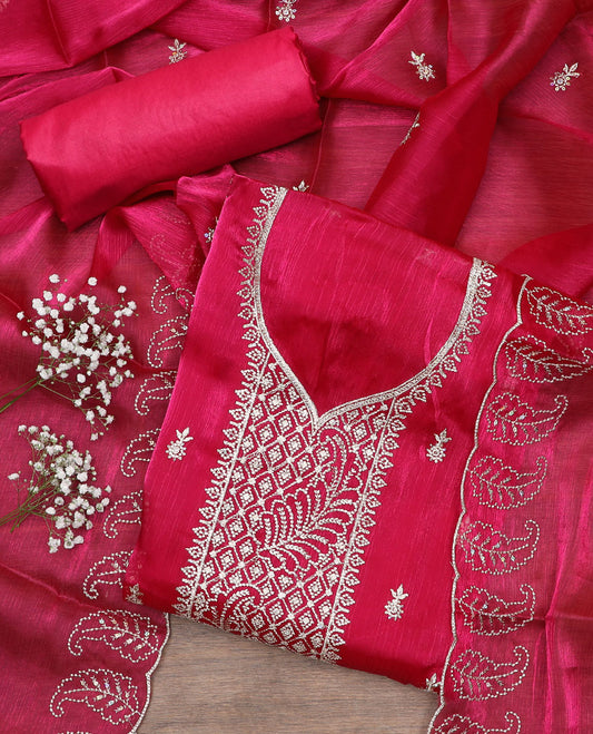 Pink material chudidar set, thread embroidered top, plain bottom, and thread embroidered scallop dupatta