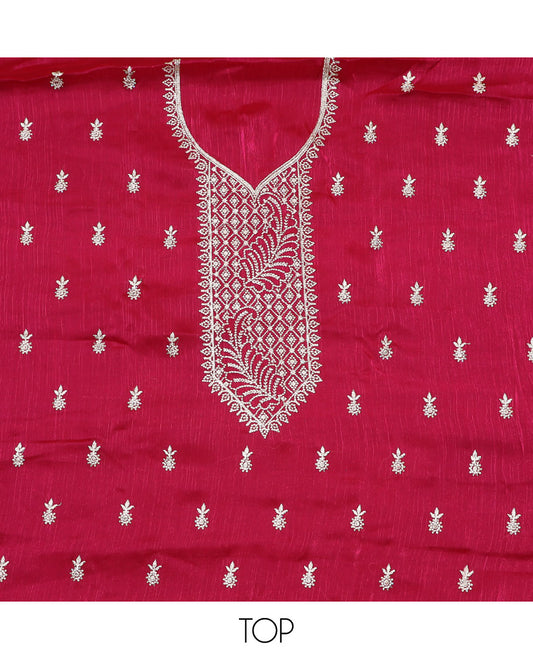 Pink material chudidar set, thread embroidered top, plain bottom, and thread embroidered scallop dupatta