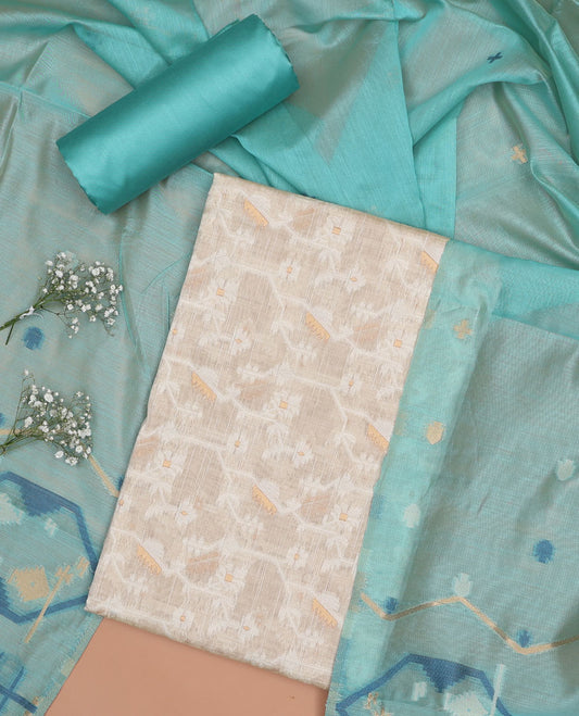 Cream chudidhar material set, ikkat floral design top , blue plain bottom & ikkat floral zari design dupatta