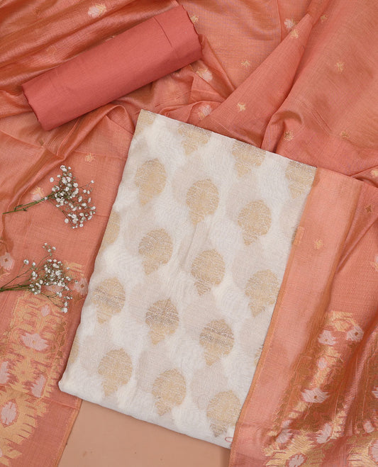 Cream chudidhar material set, floral motifs top, orange plain bottom & floral design dupatta