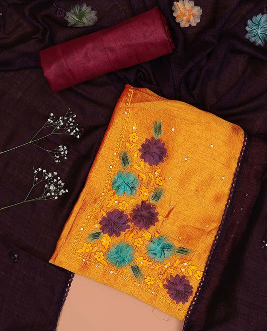Mustard chudidhar material set floral thread embroidered top with plain bottom & floral design dupatta