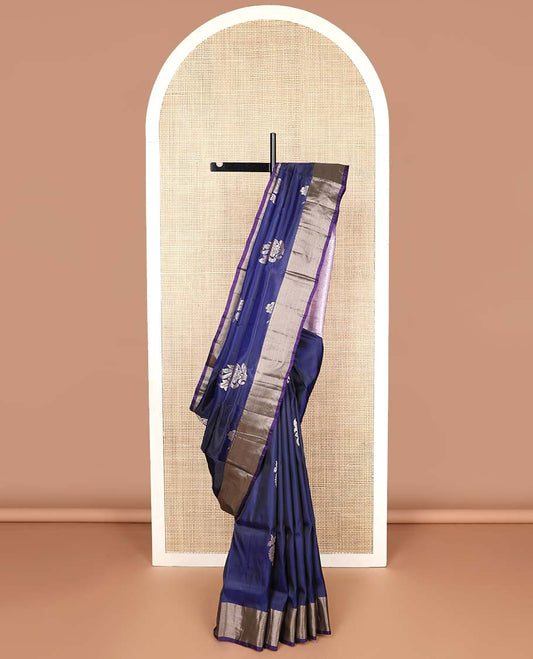 Dark blue motifs uppada silk saree with contrast zari border & argyle design pallu