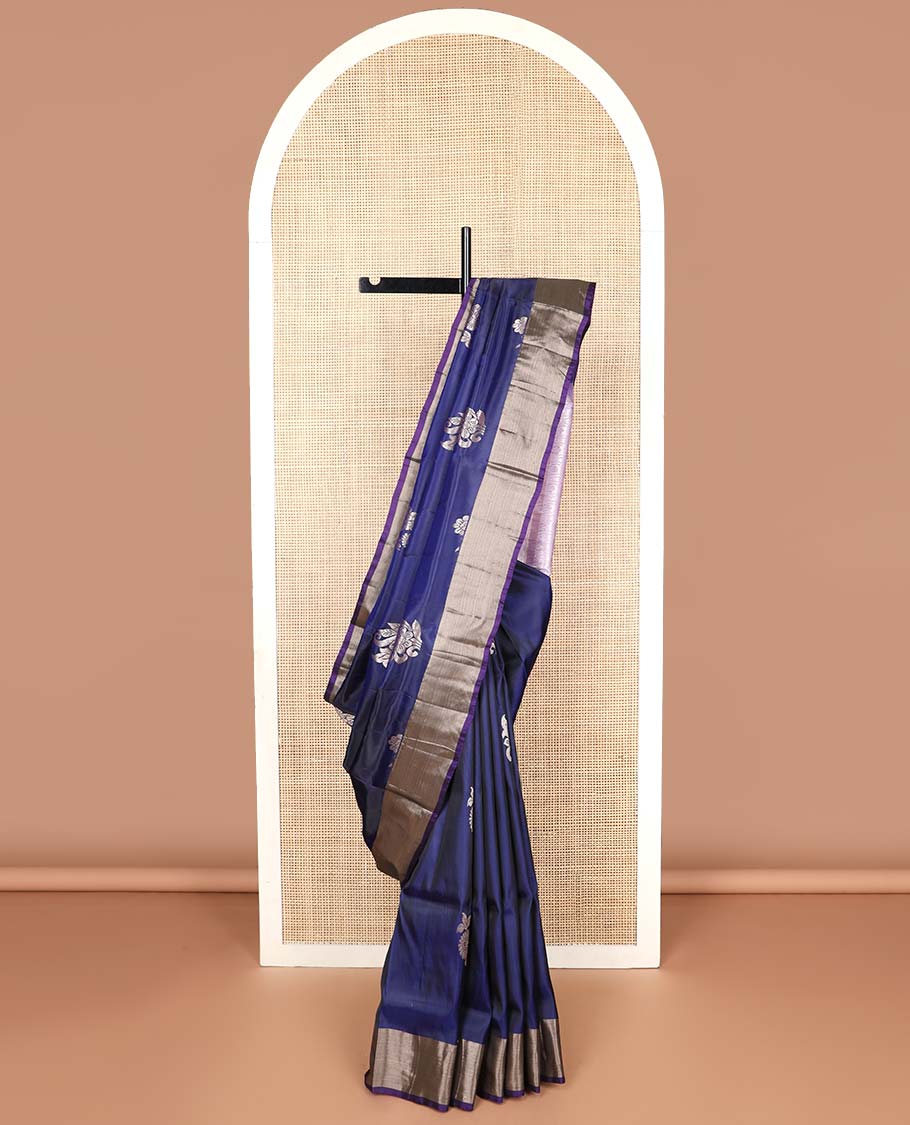 Dark blue motifs uppada silk saree with contrast zari border & argyle design pallu