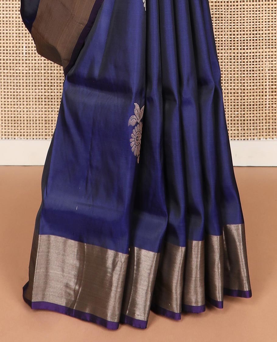 Dark blue motifs uppada silk saree with contrast zari border & argyle design pallu