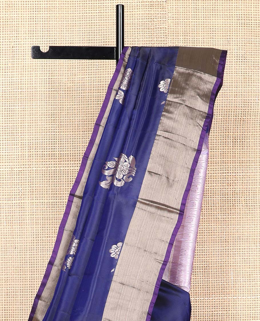 Dark blue motifs uppada silk saree with contrast zari border & argyle design pallu