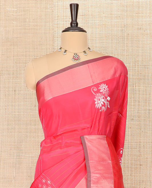 Pink Semi Uppada Saree Accentuated with Floral Buttas, Complemented by a Bavanji Border, Pallu Steeped in Floral Bouquet and Paisley Designs, and Paired with a Contrast Blouse