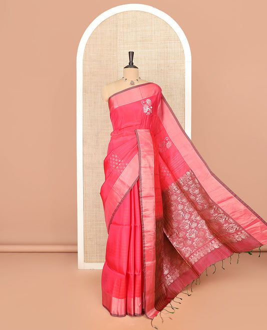 Pink Semi Uppada Saree Accentuated with Floral Buttas, Complemented by a Bavanji Border, Pallu Steeped in Floral Bouquet and Paisley Designs, and Paired with a Contrast Blouse