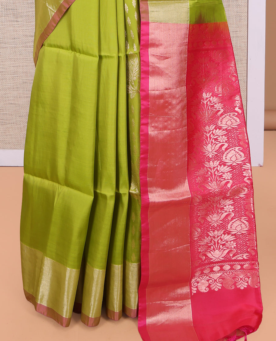 Green Uppada Saree, Elevated with Floral Zari Buttas, a Bavanji Border, Grand Jaal Pallu, and a Contrast Blouse
