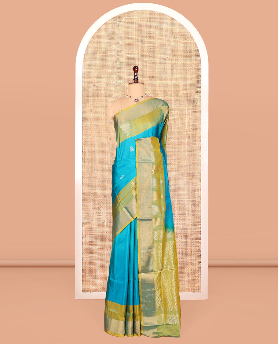 Blue Uppada Silk Saree, Woven with Buttas, Complemented by a Contrast Temple Zari Border, Contrast Intricately Designed Pallu, and a Contrast Blouse