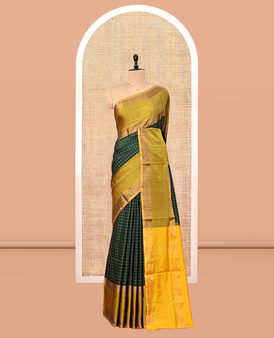 Green Checked Uppada Silk Saree, Complemented by Contrast Zari Border, Zari Woven Pallu, and a Contrast Blouse