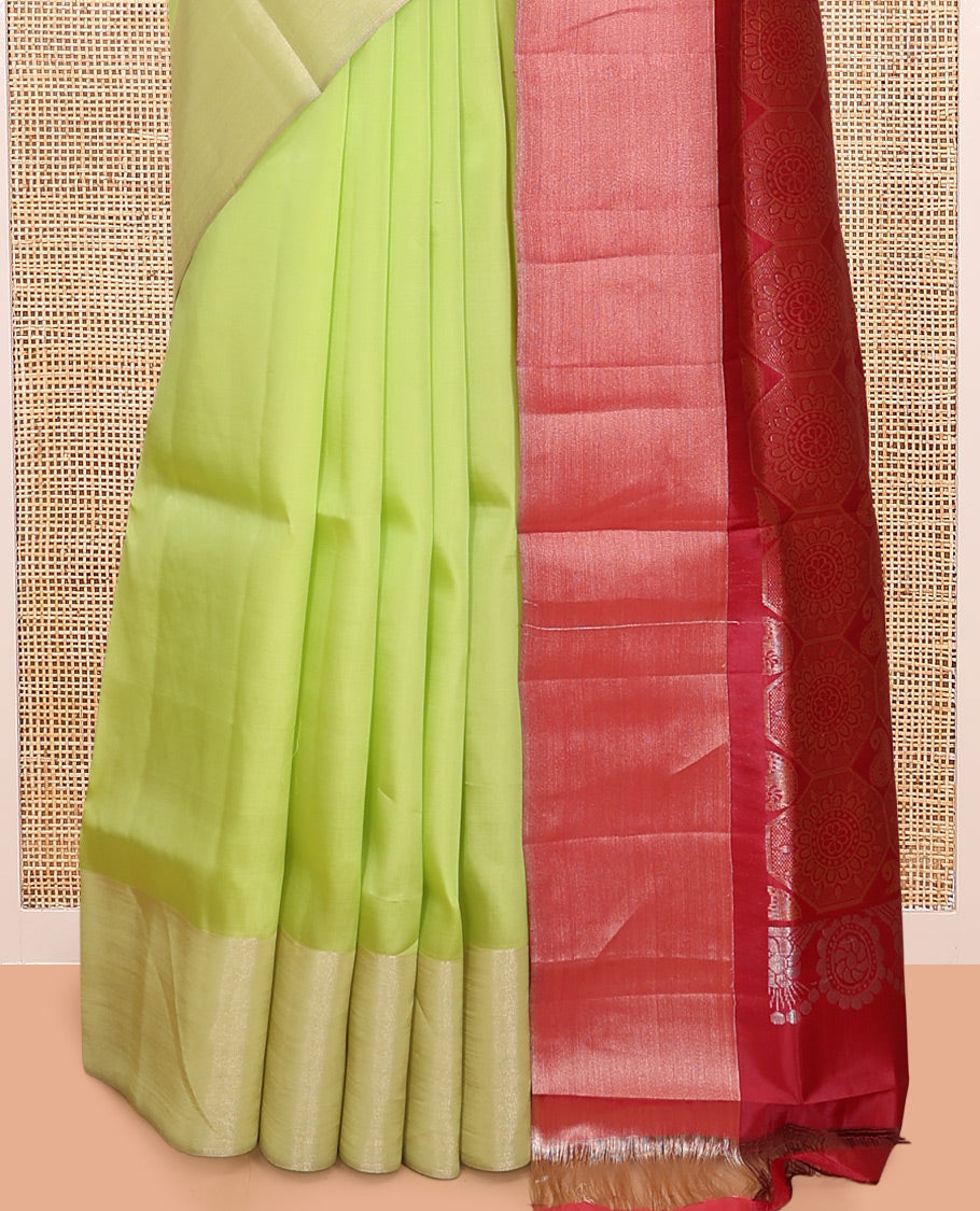 Light Green Semi Uppada Saree, Bedecked with Zari Buttas, a Bavanji Border, Contrast Intricate Pallu, and a Contrast Blouse
