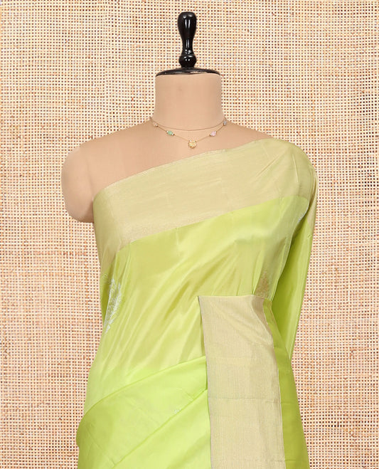 Light Green Semi Uppada Saree, Bedecked with Zari Buttas, a Bavanji Border, Contrast Intricate Pallu, and a Contrast Blouse
