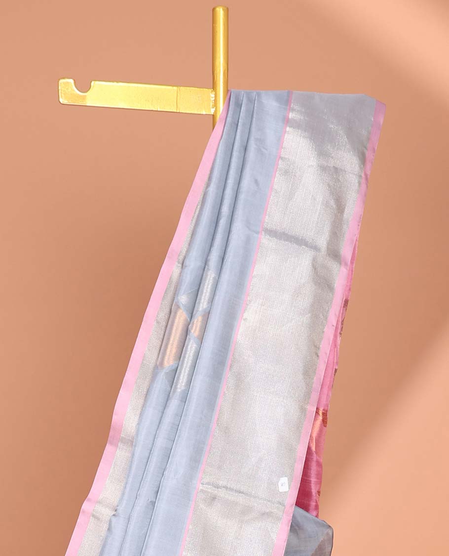 Grey diamond motifs vengatagiri pure silk saree, contrast bavanji border & floral vine design pallu