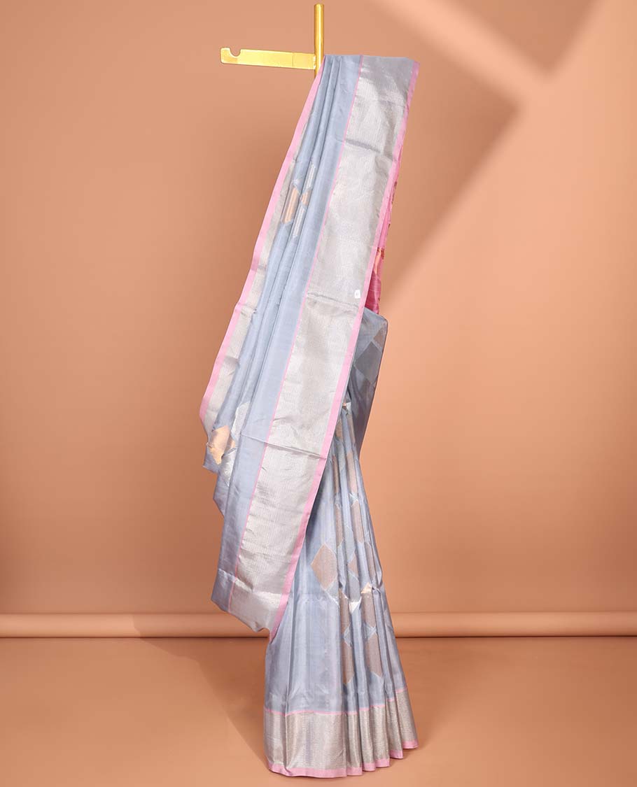 Grey diamond motifs vengatagiri pure silk saree, contrast bavanji border & floral vine design pallu