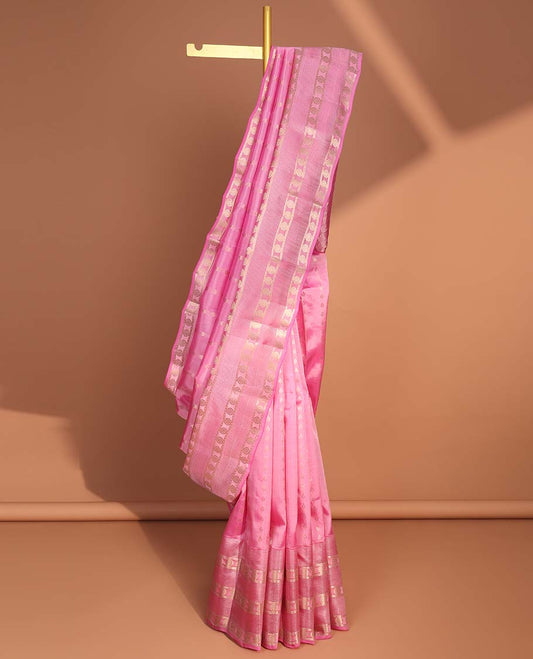 Pink striped floral design vasundhara elite silk saree wiself zari design border & leaf zari design pallu