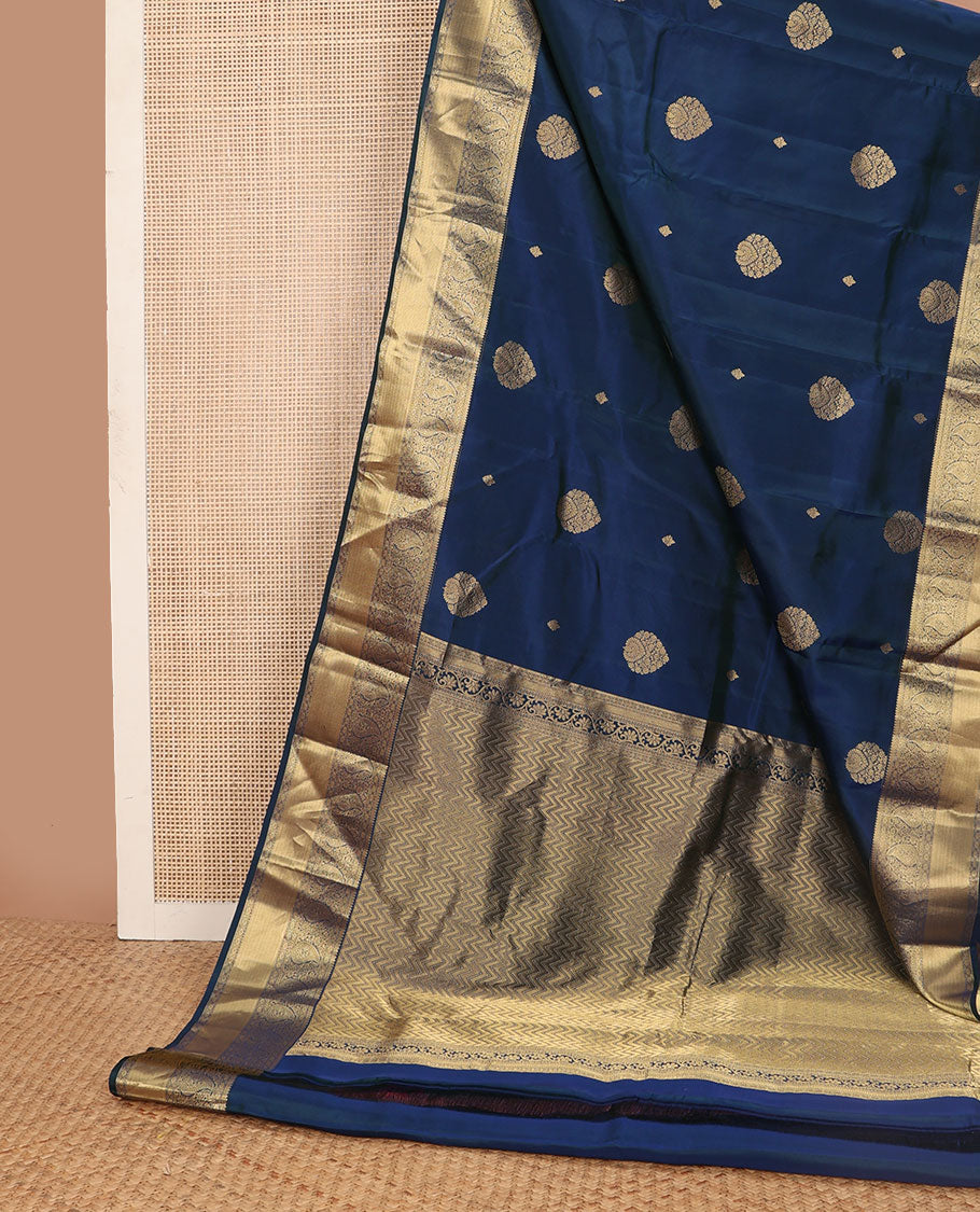 Dark blue leaf buttas vasundhara elite silk saree with self floral design border & chevron design pallu