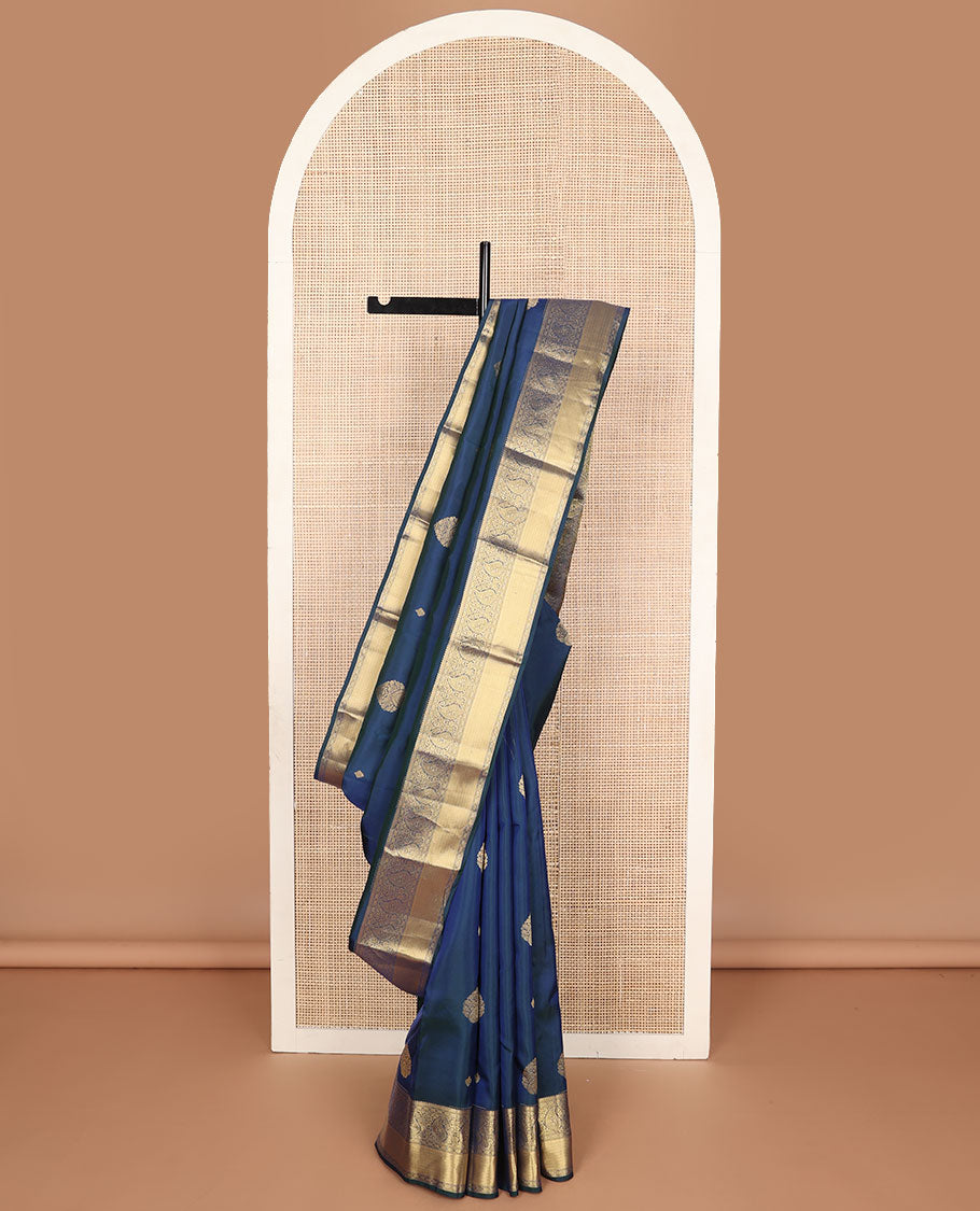 Dark blue leaf buttas vasundhara elite silk saree with self floral design border & chevron design pallu