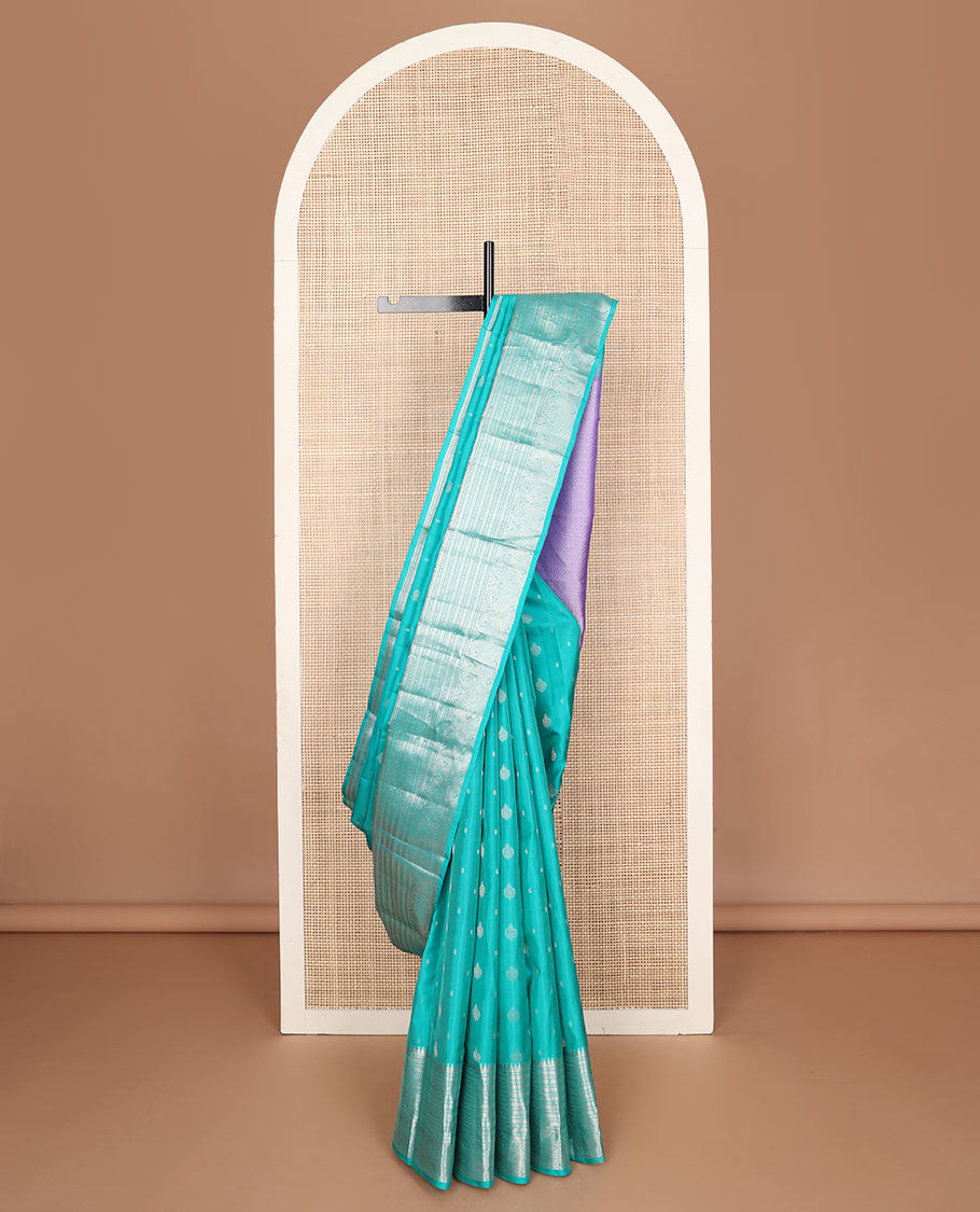 Blue zari buttas vasundhara elite silk saree, zari border of temple, muthu & mayil designs & contrast jaal pallu