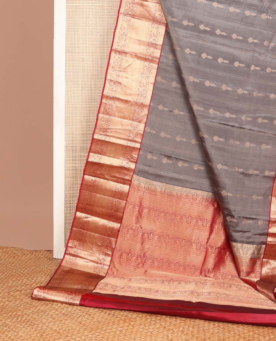 Grey zari buttas Vasundhara silk mix saree, contrast border of rekku, kathir, manga, yaanai & jaal designs & intricate pallu