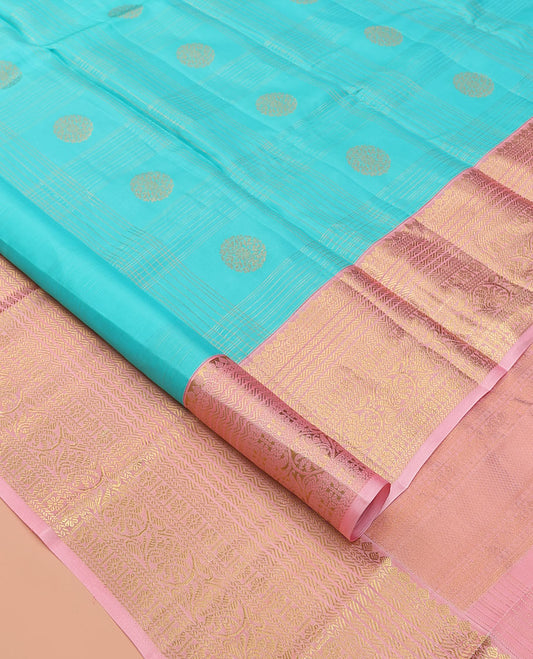 Blue Buttas-Enclosed Checked Vasundhara Lite Silk Mix Saree, a Contrast Kodi Visiry Border, Jaal Pallu, a Contrast Blouse