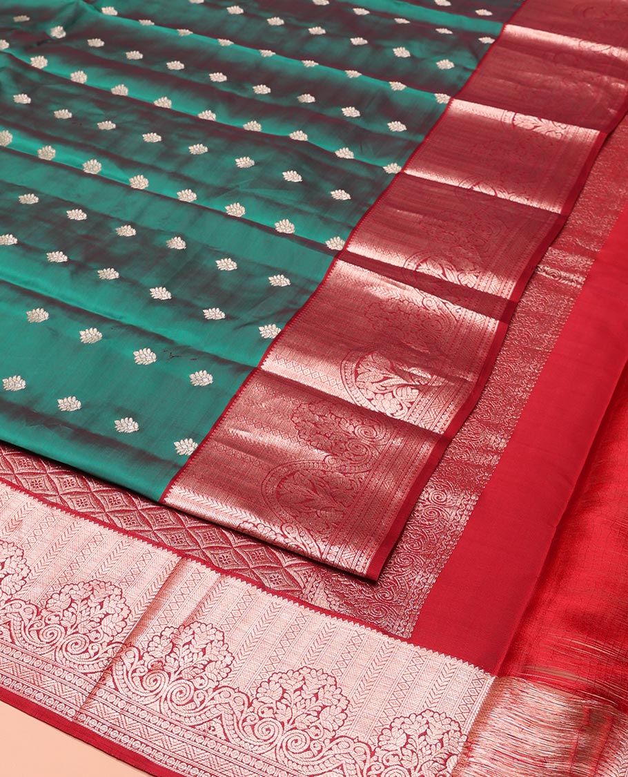 Green Vasundhara Lite-Silk Mix Saree, Ornamented with Zari Buttas All Over Its Body, Complemented by a Contrast Border of Rekku, Kathir, Mayil Kann, and Floral Designs, Grand Pallu of Jaal Designs, and Paired with a Contrast Blouse