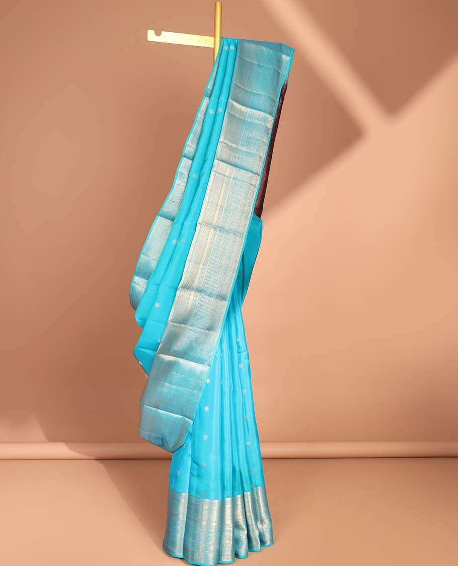 Blue floral buttas vasundhara silk mix saree with self traditional zari design border & jaal design pallu