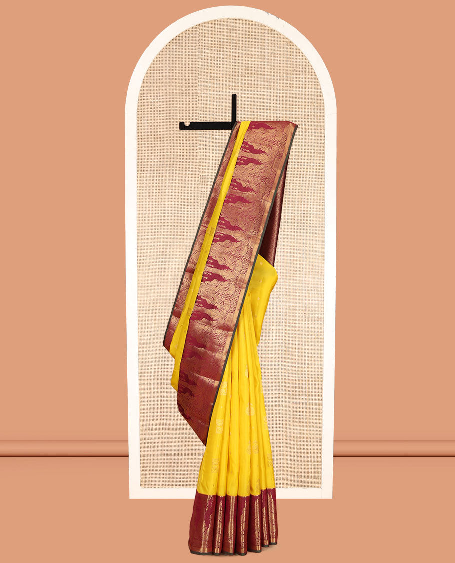 Yellow Vasundhara Lite Silk Mix Saree, Sparsely Woven with Zari Buttas, Contrast Border of Divine and Mythological Animal Characters, Grand Pallu, and a Contrast Blouse