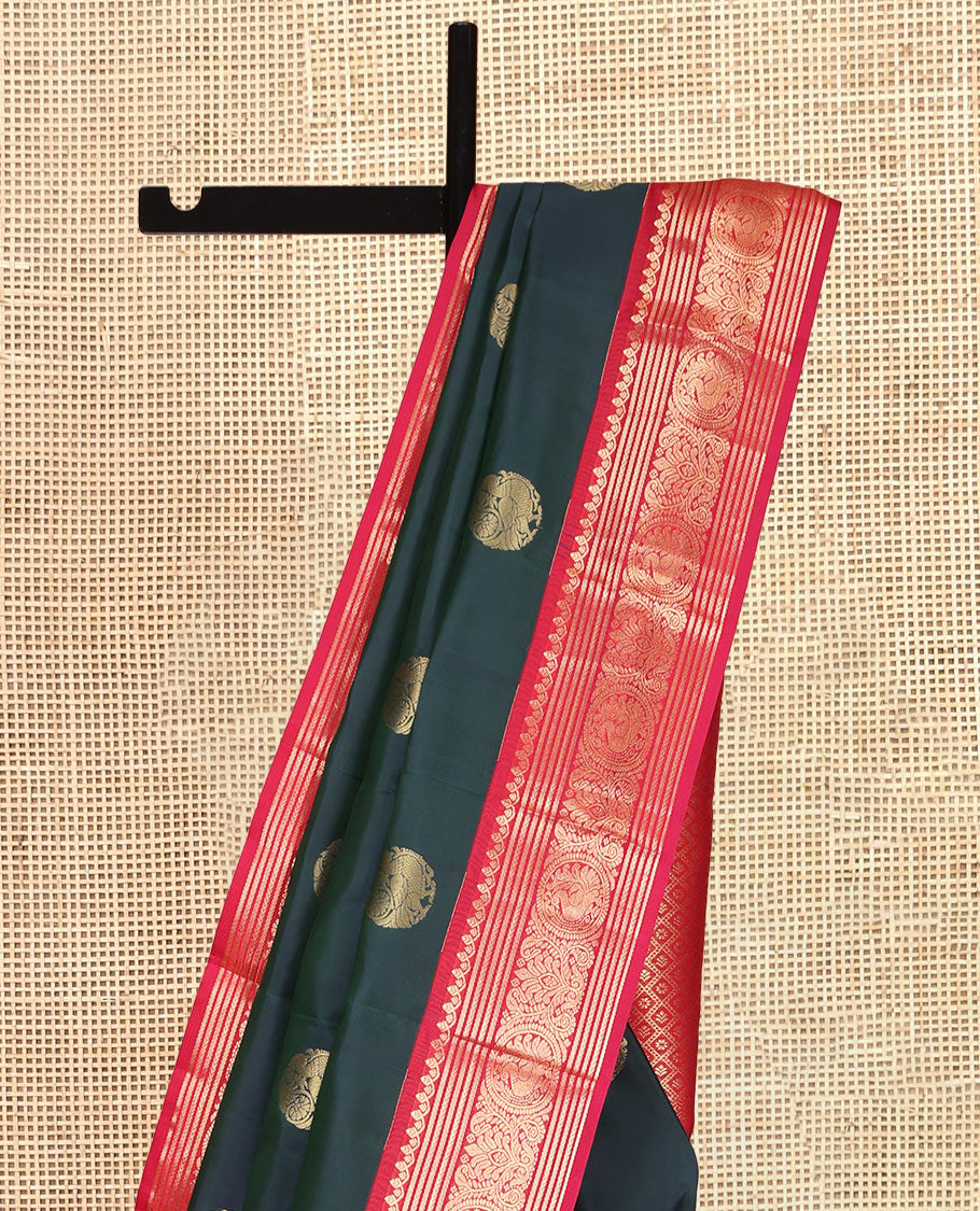 Green Vasundhara Lite Silk Mix Saree, Embellished with Zari Buttas, a Contrast Round Mayil Zari Border, Jaal Pallu, and Contrast Blouse