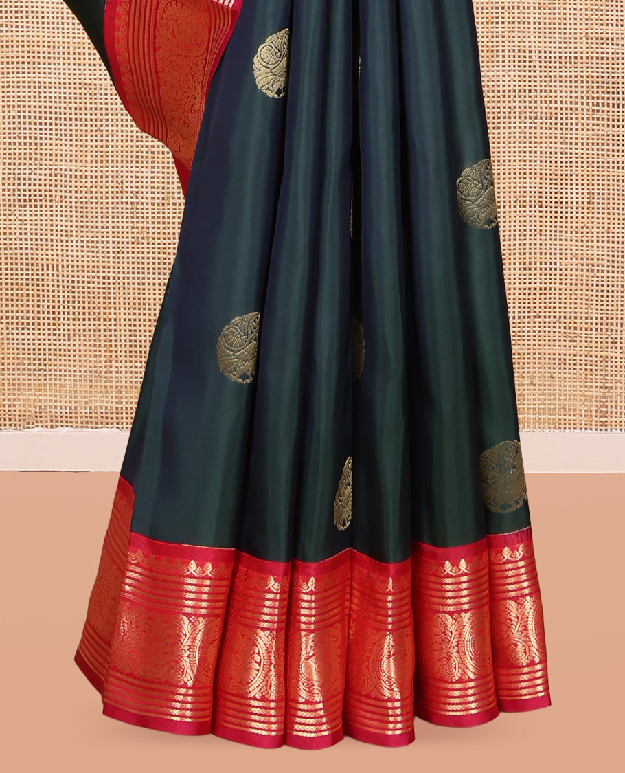 Green Vasundhara Lite Silk Mix Saree, Embellished with Zari Buttas, a Contrast Round Mayil Zari Border, Jaal Pallu, and Contrast Blouse